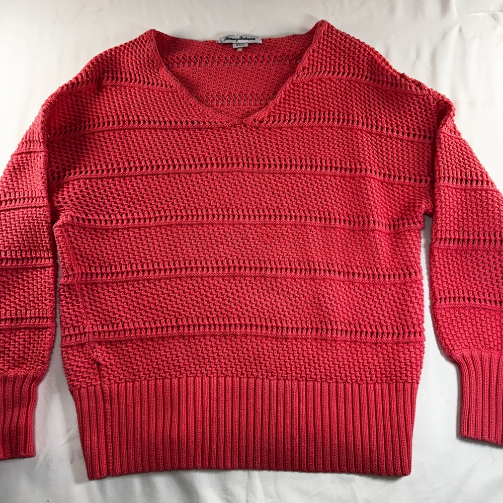 Tommy Bahama Womens Coral Pink 100% Cotton V-Neck Pointelle Knit Sweater Size M